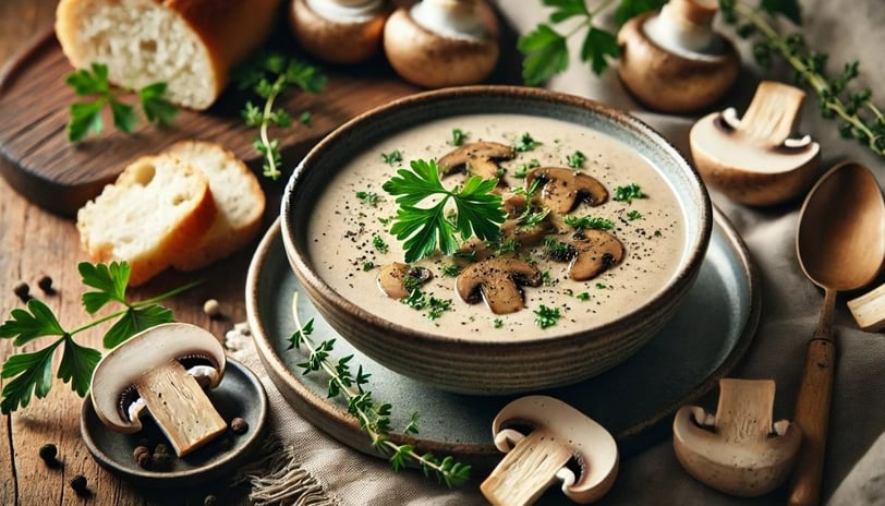 a bowl of soup with mushrooms