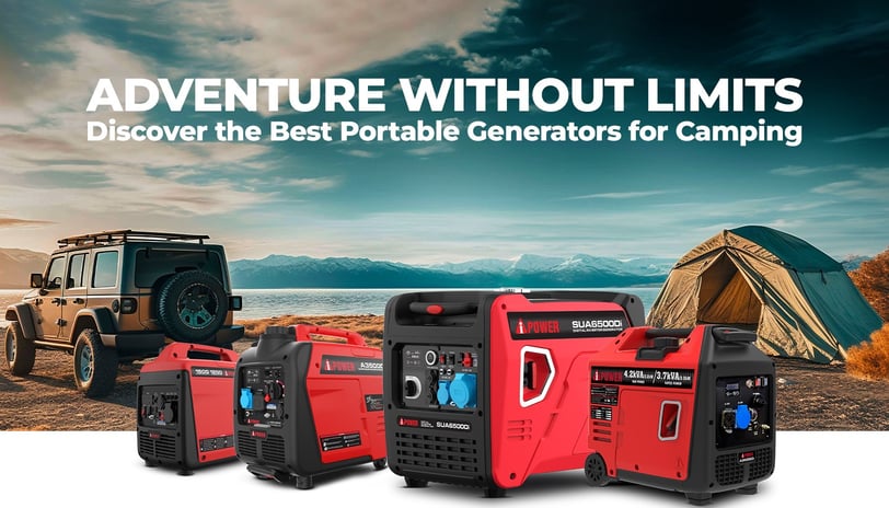 AiPower portable generators at a campsite with a Jeep and tent by a lake