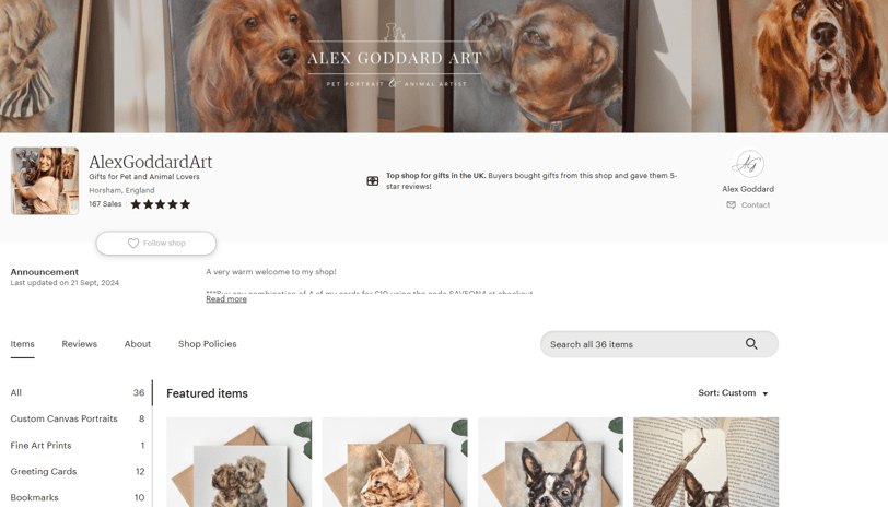 A snapshot showing the homepage of Alex Goddard's Etsy shop