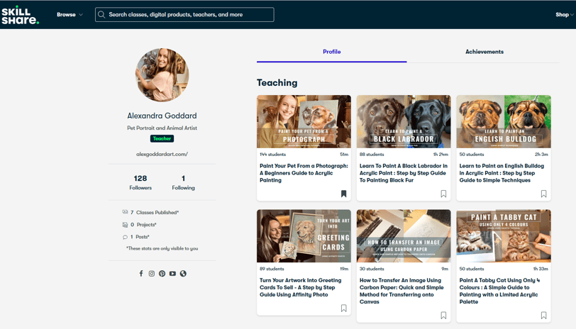 A snapshot showing the homepage of Alex Goddard's Skillshare account where she teaches painting