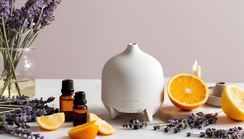 a vase with lavender flowers, orange slices, essential oils and a diffuser on the table