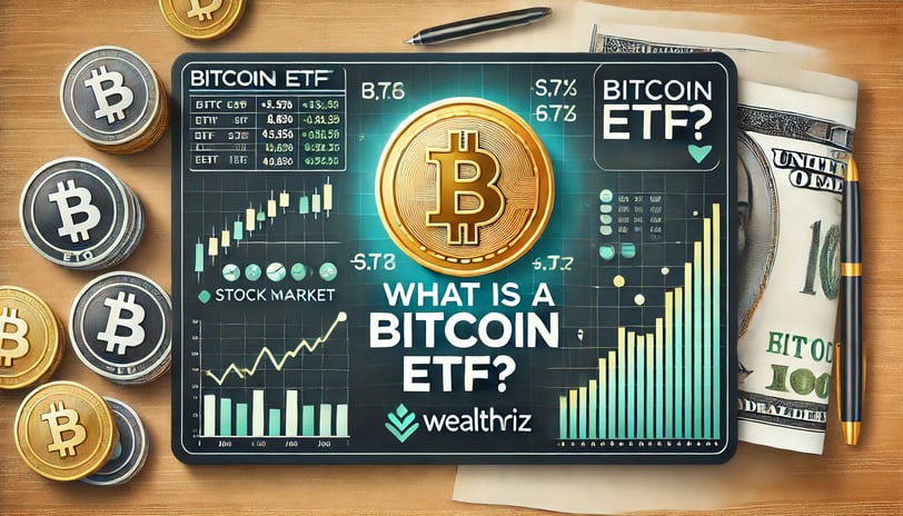 Illustration of Bitcoin ETF with Bitcoin symbol, stock market chart, and 'What is a Bitcoin ETF?'