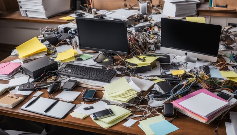 A chaotic desk covered in electronic devices and wires
