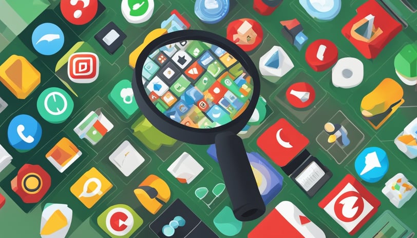 A magnifying glass zooms in on a group of app icons