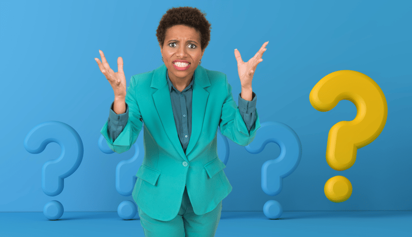 a woman in a green suit and a question mark