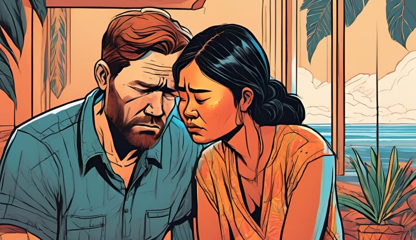  A couple sits together on a couch; the woman gently consoles her husband, who is visibly struggling with depression.