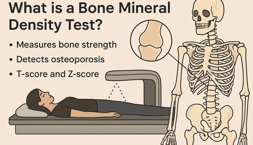 Illustration showing a woman undergoing a bone mineral density test using a DEXA scan machine