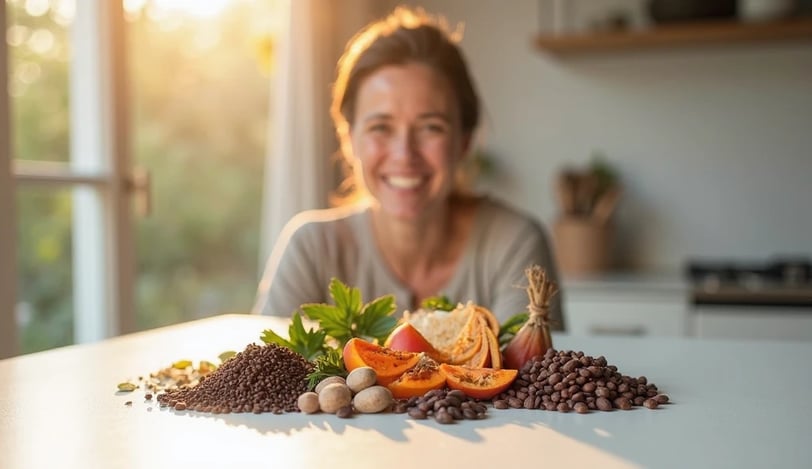 Smiling woman stands behind a variety of natural ingredients