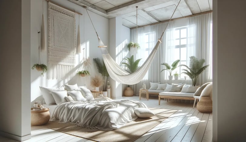 bright bohemian bedroom with hammock