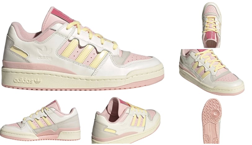 a pair of sneakers with soft pink and  soft yellow stripes, adidas Forum 
