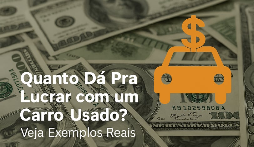 Montagem com várias notas de 100 dólares ao fundo, um ícone laranja de carro com símbolo de cifrão n
