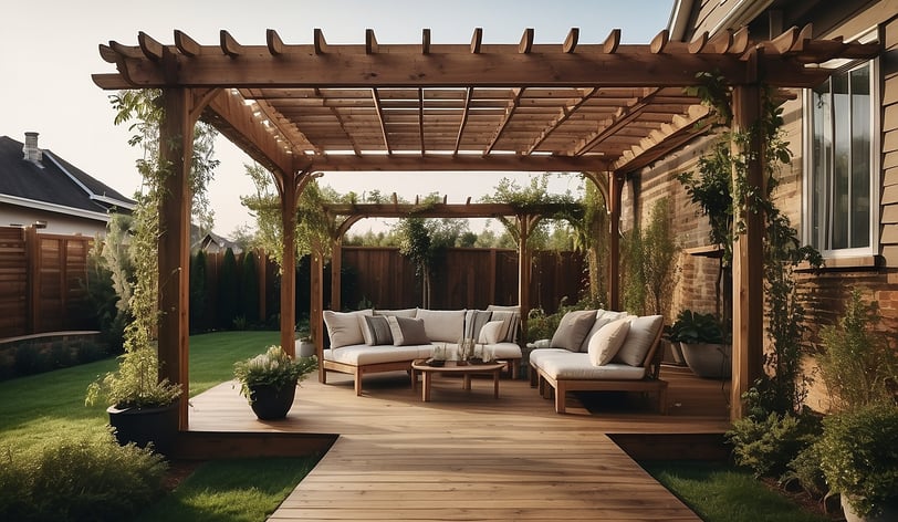 a patio with a wooden deck and a wooden pergola