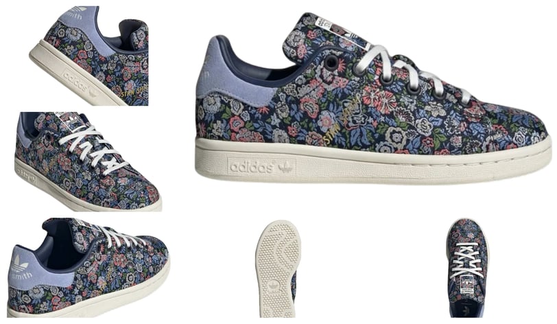 a pair of sneakers with floral print, adidas Stan Smith Floral Navy