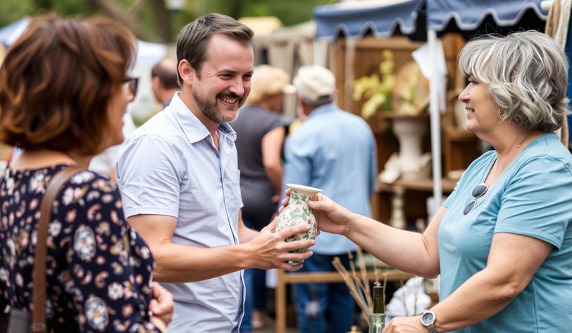 Sur une brocante vide-greniers un coupe achète heureux, un vase sur un stand.