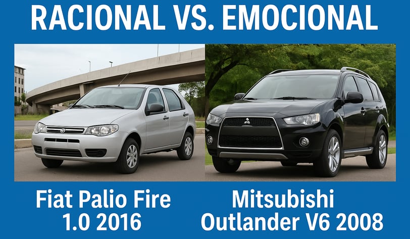Comparativo entre Fiat Palio Fire 1.0 2016 e Mitsubishi Outlander V6 2008, representando uma compra