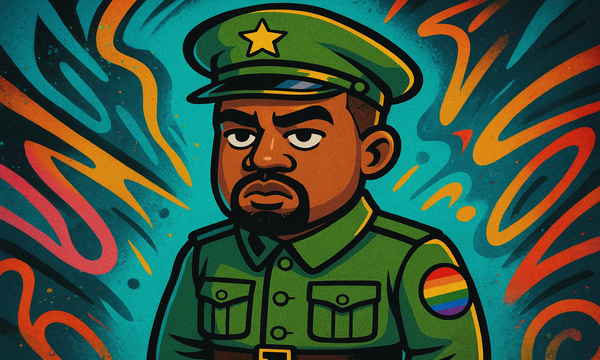 a cartoon character with a military uniform and a rainbow - colored background