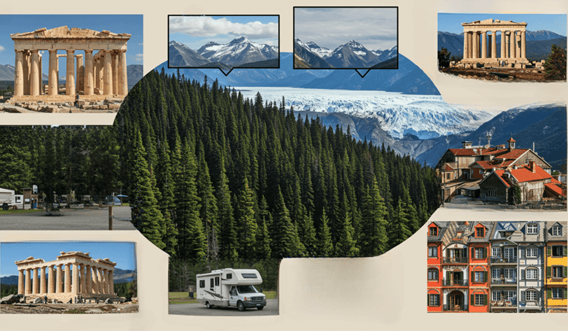 travel scenes from Greece, Alaska, Mexico, and US RV parks emphasizing benefits of adaptable travel