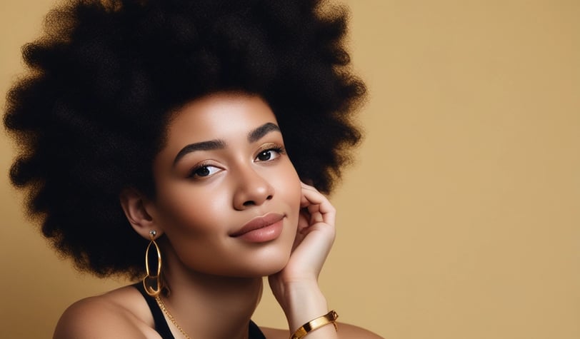 A woman with afro hair sits against a warm yellow background, wearing a strapless black dress and go