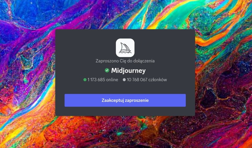 Strona startowa zaproszenia do midjourney poprzez serwer Discord