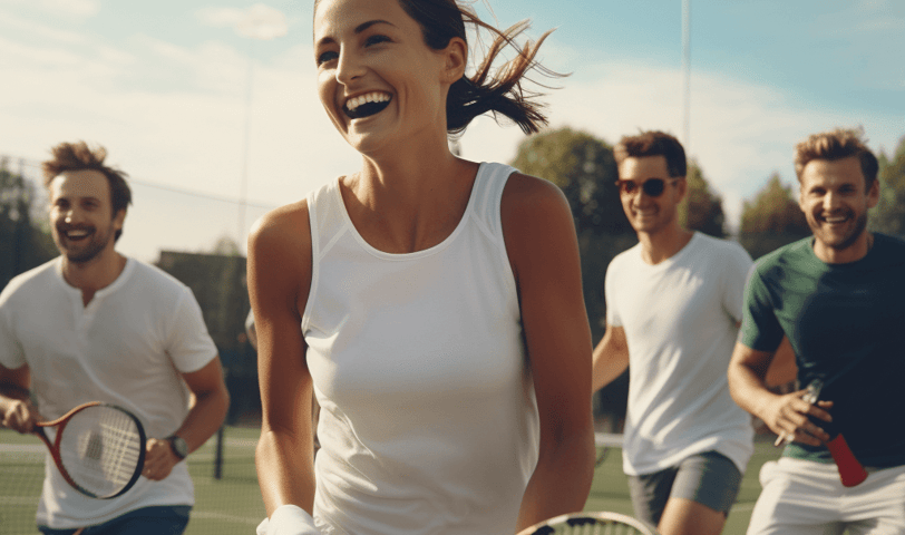 Group of men and women playing tennis