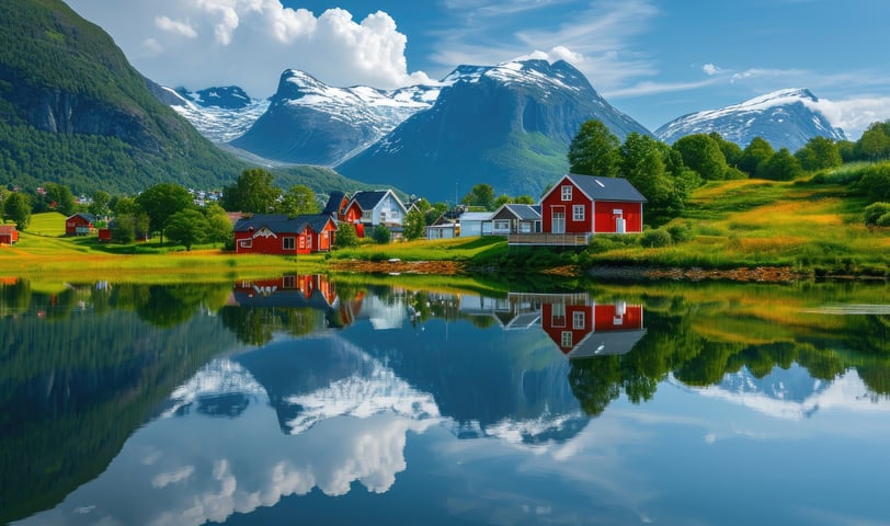 Typical Majestic Mountain Range with Lake in Norway