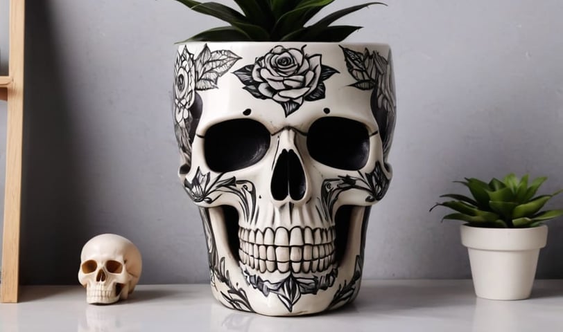 Vaso de flores com design de caveira em uma prateleira de plantas