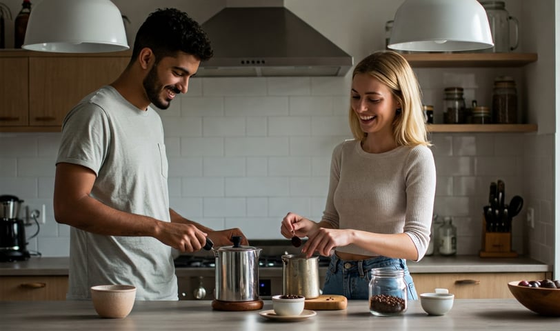 a man and woman cooking in a kitchen