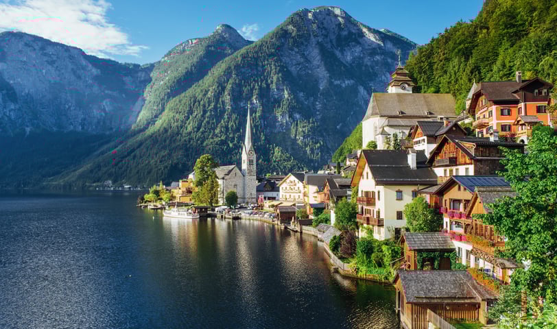View from height on Hallstatt town between the mountains. Austria