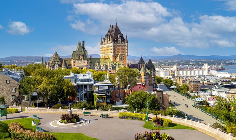 Panoramic view of Chateau Frontenac in Quebec historic center