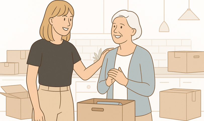 Organizer offering reassurance while helping a senior client unpack during a home transition.