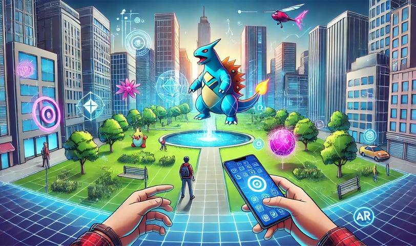 Jogador usando um smartphone para interagir com uma criatura de AR em um cenário urbano com prédios 
