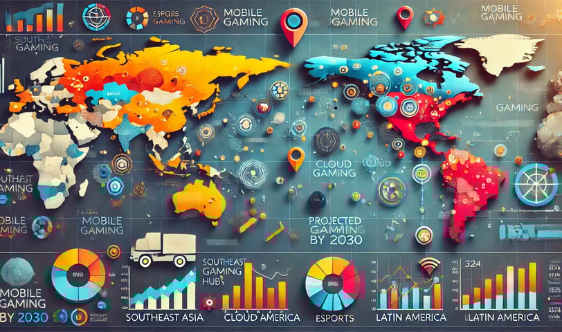 regiões de maior crescimento futuro no mobile gaming, com foco em Sudeste Asiático, América Latina 