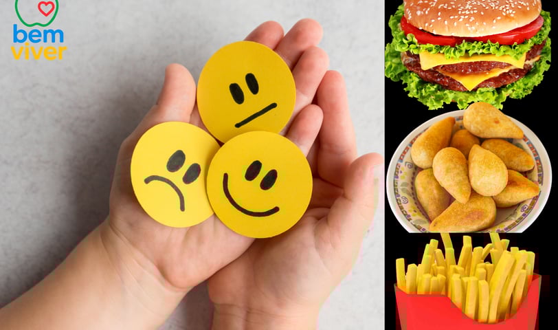 De um lado, uma mão segurando três carinhas amarelas que representam emoções, do outro lado, comidas ruins