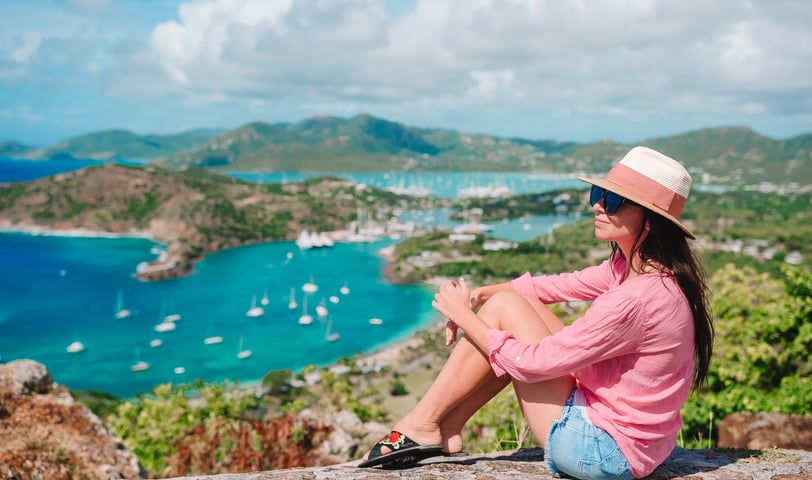 View of English Harbor from Shirley Heights, Antigua, paradise bay at tropical island
