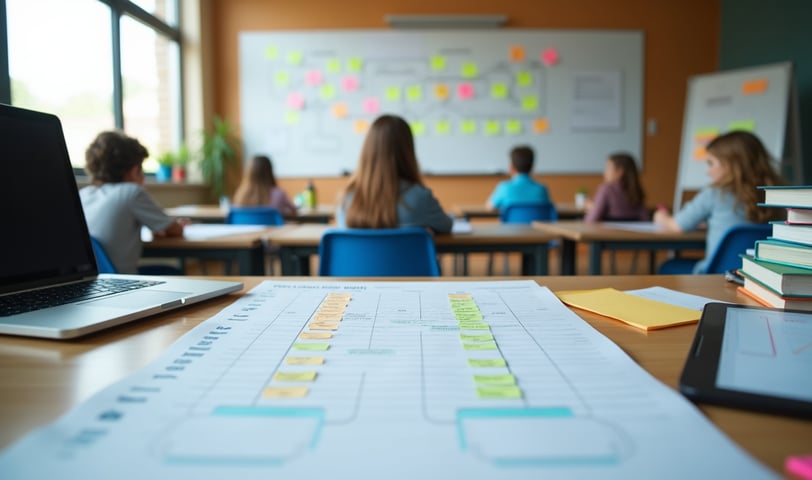 a laptop computer sitting on a desk in a classroom