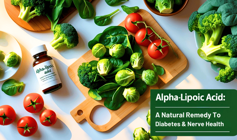 Alpha-lipoic acid supplement surrounded by spinach and veggies for diabetes health.