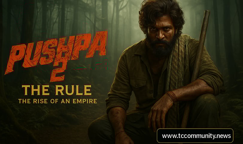 A cinematic poster for Pushpa 2: The Rule - The Rise of an Empire, showcasing a rugged forest backdrop with survivalist theme