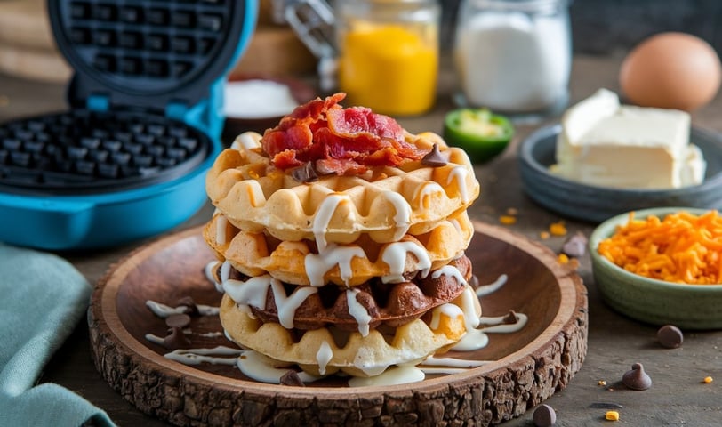 a stack of chaffles with bacon