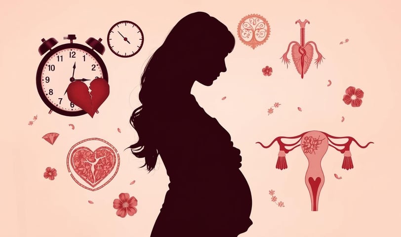 A woman's silhouette surrounded by symbolic representations of common infertility indicators