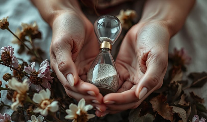 A close-up of a woman’s hands gently cradling an hourglass filled with sand, symbolizing the passage