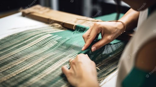 Image of woman making fabric from yarn.