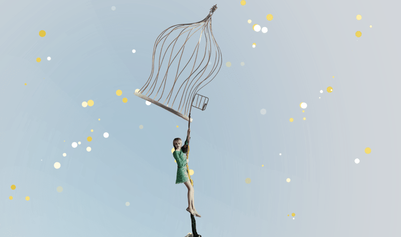A woman climbing down a rope to escape a bird cage