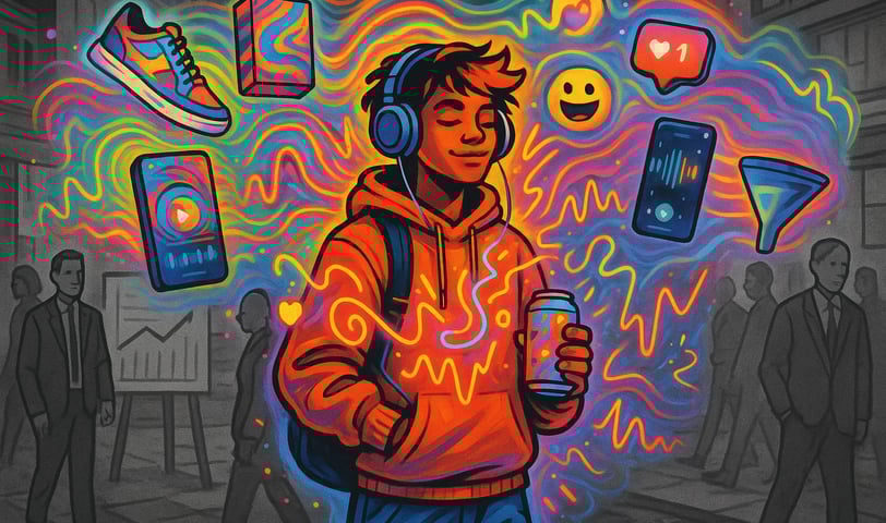 A colorful, surreal street scene showing one vibrant figure surrounded by emojis, soundwaves, and br