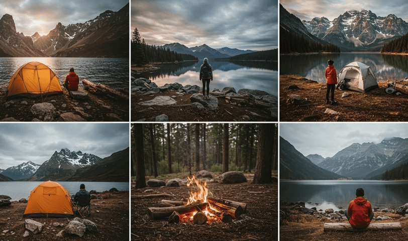 Campers in different campsites with different tents and campsite gear