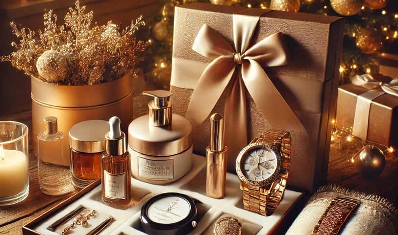 Luxurious Christmas gift ideas for women with skincare, a smart watch, and elegant accessories.