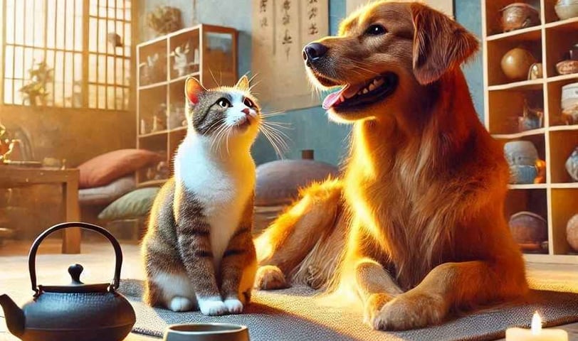 A cat and dog relaxing in a Feng Shui-inspired room, designed to create a cozy, balanced, and energetic living space.
