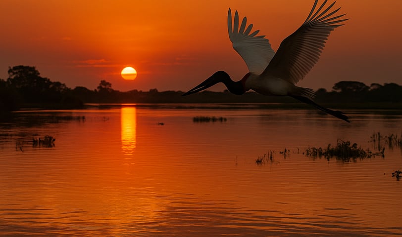 Tuiuiú voando sobre águas douradas do Pantanal ao entardecer