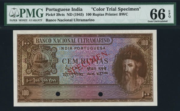 Portuguese India Color Trial Specimen 100 Rupias PMG Grade 66