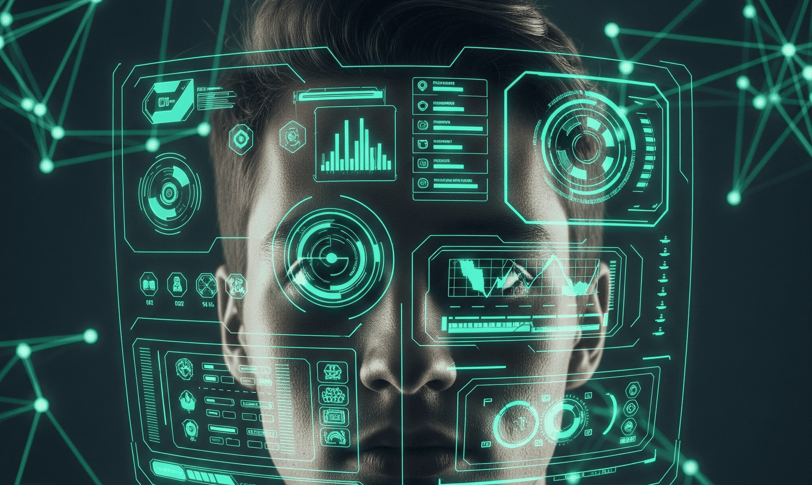 Futuristic brain interface: a human head with a dashboard UI overlay, illustrating a high-tech connection to the mind