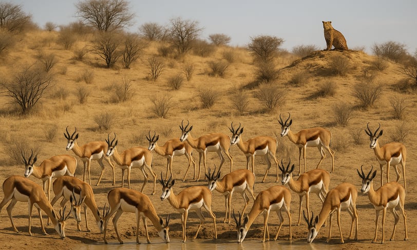 Springboks at a water hole during shoulder season